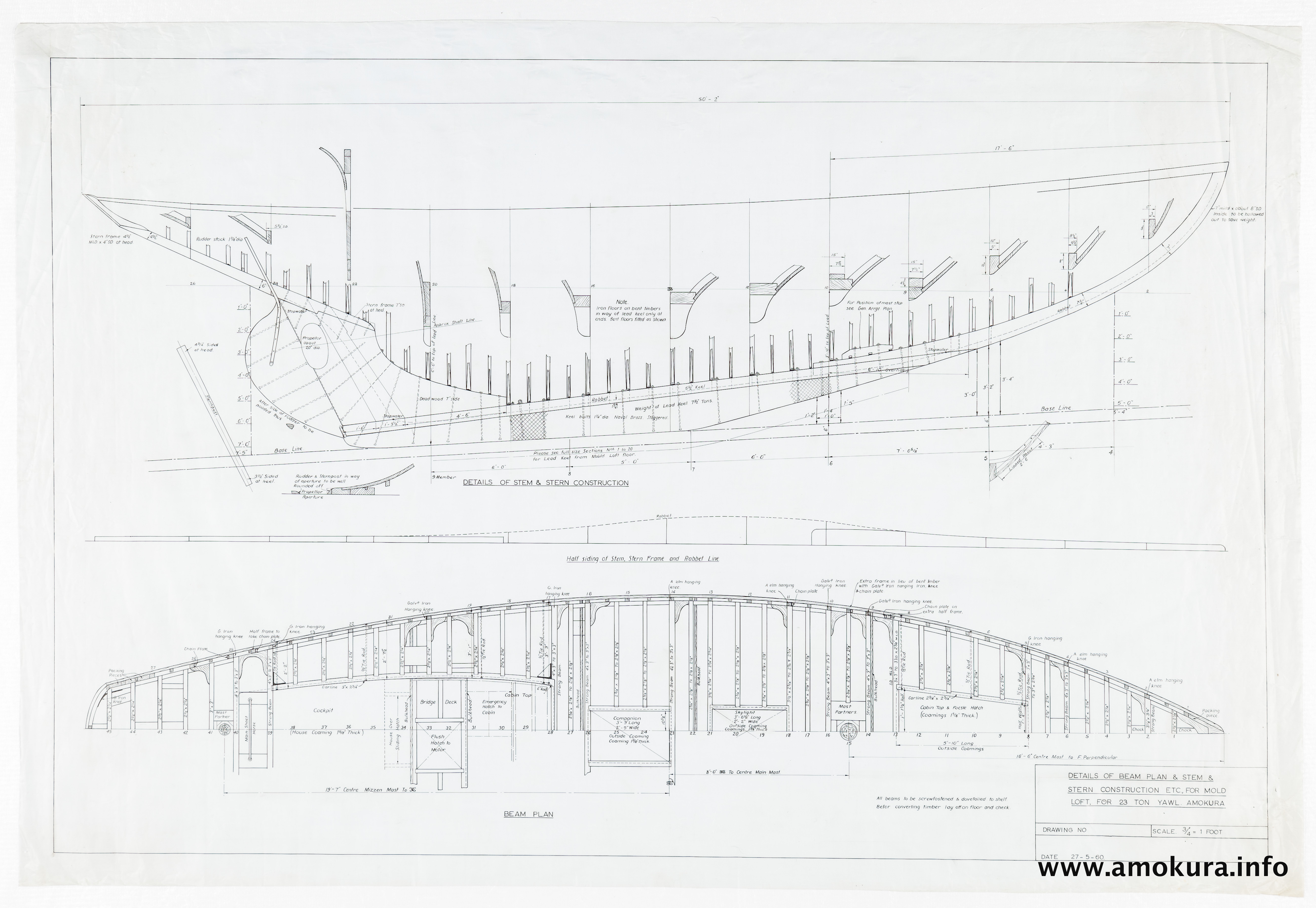 Stem and keel construction drawing and beam plan (1960)