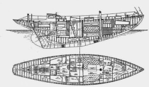 Below decks her accommodation is planned for space and comfort.  Tiller steering and the position of the 12-36 h.p. Gray motor, tucked well aft under a bridge deck, are points to be noted.